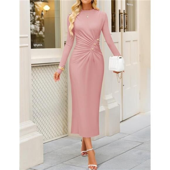 Womens Long Sleeve Mock Neck Bodycon Midi Dress Pink - Picture 1 of 6